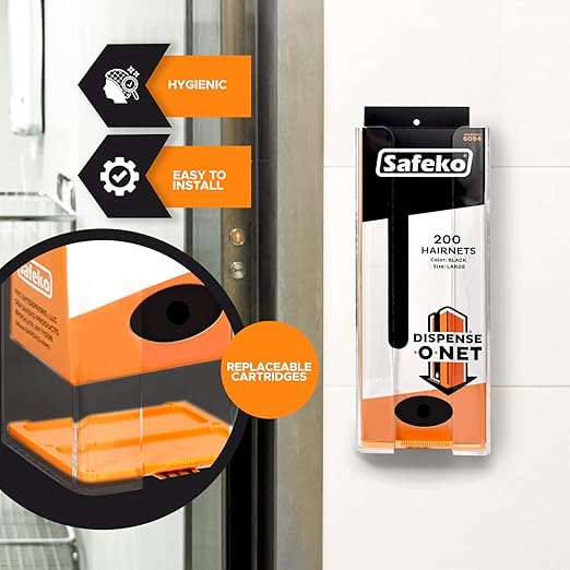 Dispense-O-Net Hairnet Dispenser & Wall Mount | Black Hairnets + Wall Mount | Lightweight Nylon Hairnets | Latex-Free