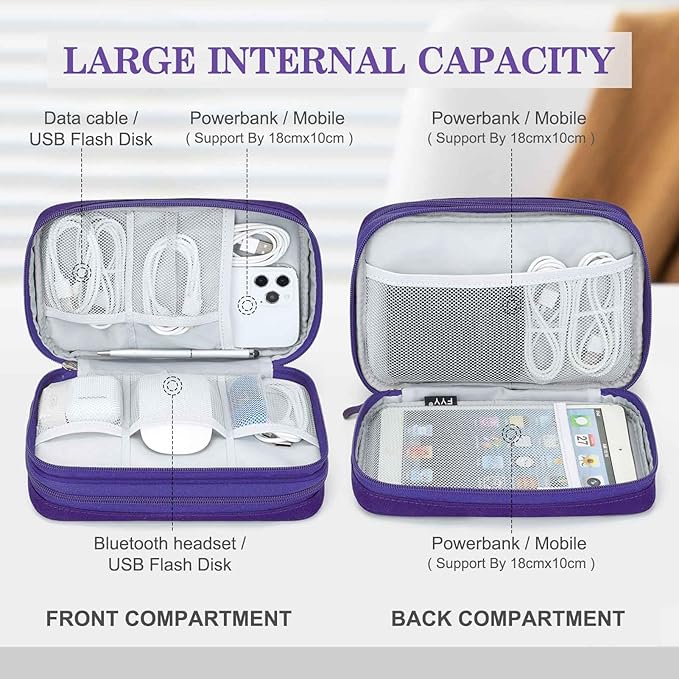 FYY Electronic Organizer, Large Travel Cable Organizer Bag Pouch Electronic Accessories Carry Case Portable Waterproof Double Layers All-in-One Storage Bag for Cable, Cord, Charger, Purple