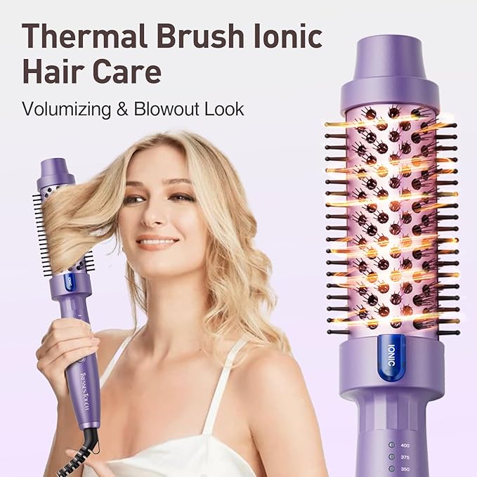 1.5 Inch Thermal Brush Blowout with 5 Temp Settings, Universal Voltage Hair Curling Iron, Ceramic Ionic Thermal Round Curling Brush Suitable for Medium and Long Hair, Purple