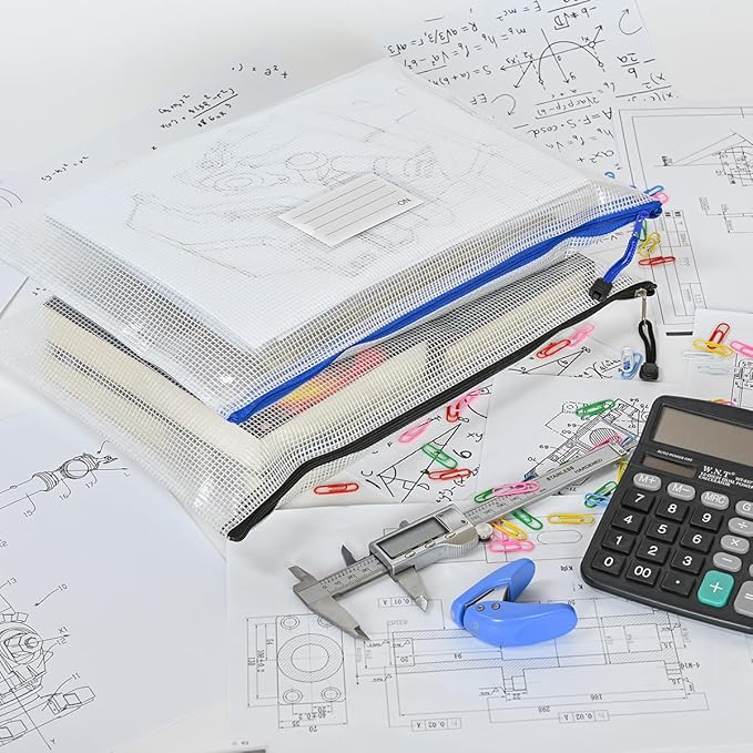 AUSTARK Plastic Mesh Zipper Pouch, 12Pcs Zipper File Bags with Label Pocket, Game Boards Storage Bags, Waterproof Document Storage Bags for Office Home Travel Cosmetic (B4 Size 15x11 in)