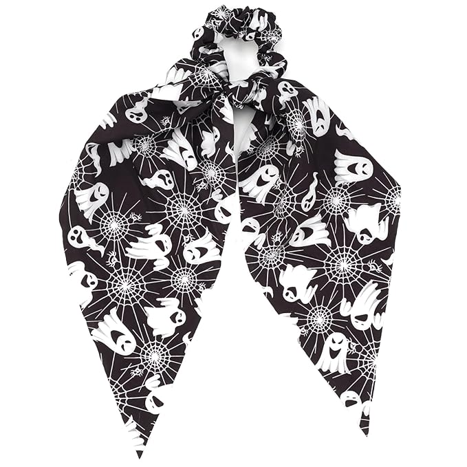 Halloween Hair Ties for Women Girls Spooky Ghost Spider Web Hair Scrunchies Black White Hair Tie Ribbon Hair Bows Halloween Party Gifts Hair Accessories
