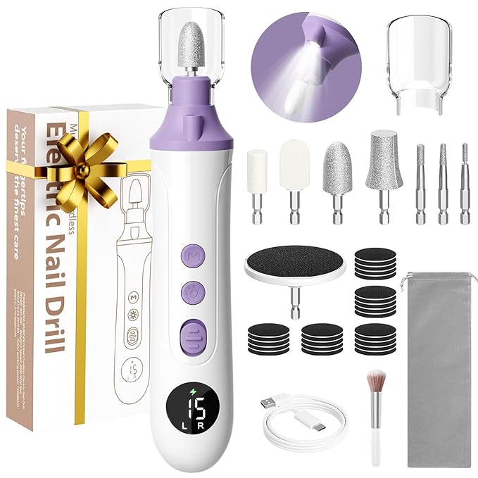 Professional Manicure Pedicure Electric Toenail Grinder Kit - Cordless Electric Nail File Set for Thick Nails Hand Feet Care ,15 Speed,Nail Drill with LED Display Ideal Gift for Men and Women-Purple