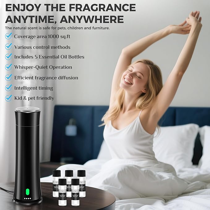 Hotel Scent Diffuser Starter Kit - 1500 Sq Ft Coverage, Hotel Scents Collection, Suitable for Waterless Diffuser Large Room, Contains Five Aromatherapy Essential Oils, Remote Control, Black