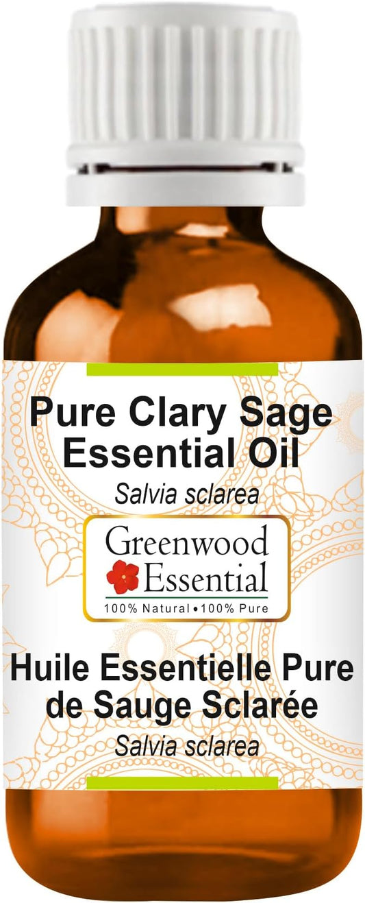 Greenwood Essential Clary Sage Essential Oil (Salvia sclarea) Pure | Non-Sticky | Non-Greasy | Lightweight | Men & Women | All Skin Types | Steam Distilled 50ml (1.69 oz)