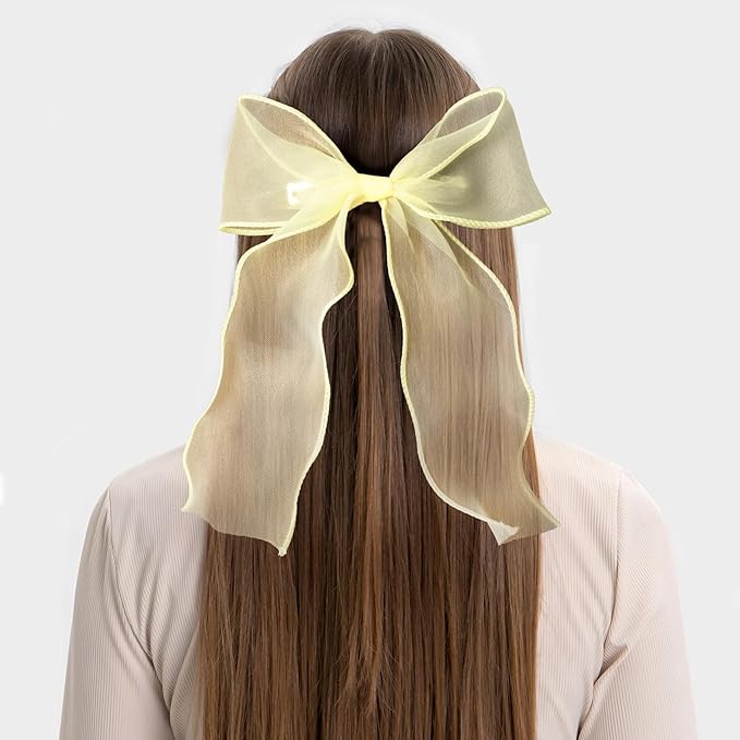 2Pcs Large Hair Bow Clips, Yellow Silk Lace Ribbon Bow for Women, Elegant Long Tail Bowknot French Hair Styling Barrette for Wedding, Parties, Daily Use