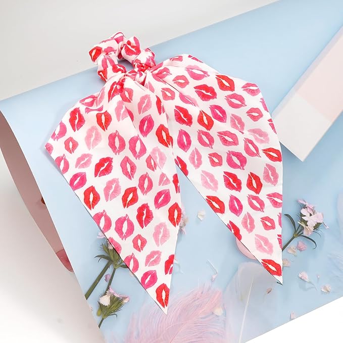 Valentine's Day Hair Ties Pink Lip Hair Scrunchies for Women Teen Girls Elastic Love Hair Tie Ribbon Valentine's Day Hair Bows Hair Accessories Gifts