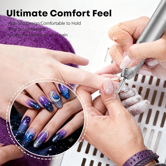 Professional Nail Drill Electric File, GEEZO 55000RPM Portable Cordless Nail Drill Machine with Bits, Rechargeable E File for Acrylic & Gel Nails, Manicure & Pedicure Tech Tool for Home Salon (White)