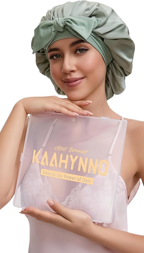 Silk Satin Bonnet Hair Wrap for Sleeping Women, Adjustable Tie Band Double Layer Sleep Night Head Cover for Curly Braid Fine