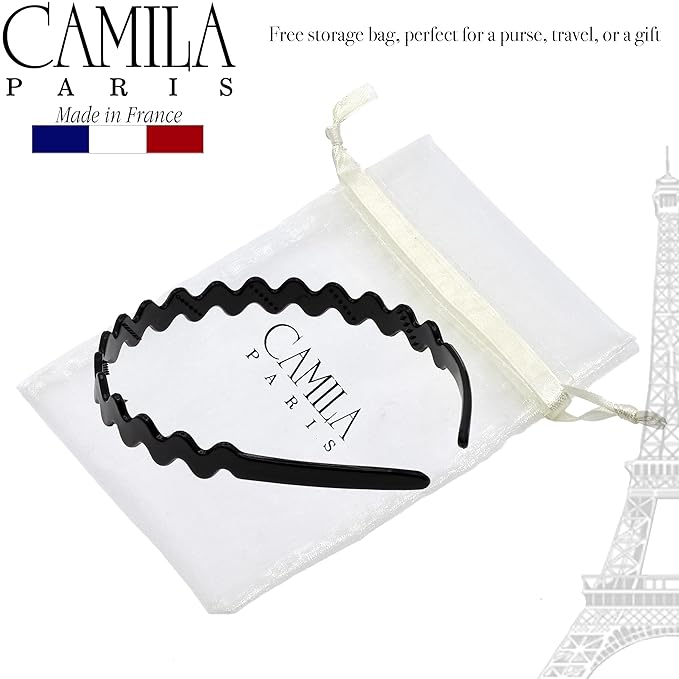 Camila Paris CP3295 French Headband for Women, Black, Strong Hold Grip Women's Hair Band, Ligth and Very Flexible, No Slip and Durable Styling Girls Hair Accessories, Made in France