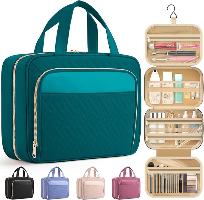 HOTOR Travel Toiletry Bag for Women & Men, Waterproof Makeup Bag with Hanging Hook and Multiple Pockets, Cosmetic Bags for Women, Travel Essentials, 11.2'' x 3.2'' x 8.9'', Teal