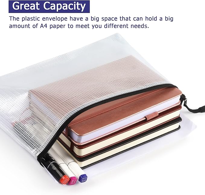 6 Pack Mesh Zipper Pouch Document Bag Waterproof Zip File Folders for School Office Supplies Travel Storage Bags (White)