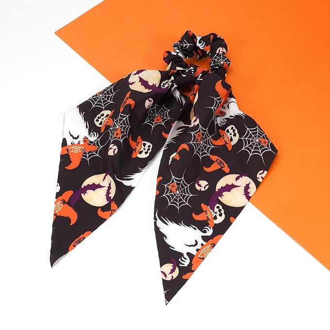 Halloween Hair Ties for Women Girls Spooky Witch Hat Bat Pumpkin Hair Scrunchies Moon Hair Tie Ribbon Hair Bows Halloween Hair Accessories