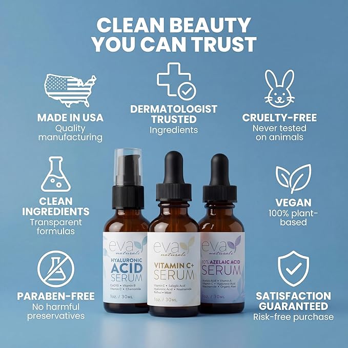 Eva Naturals Azelaic Acid Skincare Serum for Face – Facial Care with Niacinamide & Hyaluronic Acid Formula for Redness Soothing, Acne Breakouts, Uneven Skin Texture, Fragrance Free (1 Fl Oz)