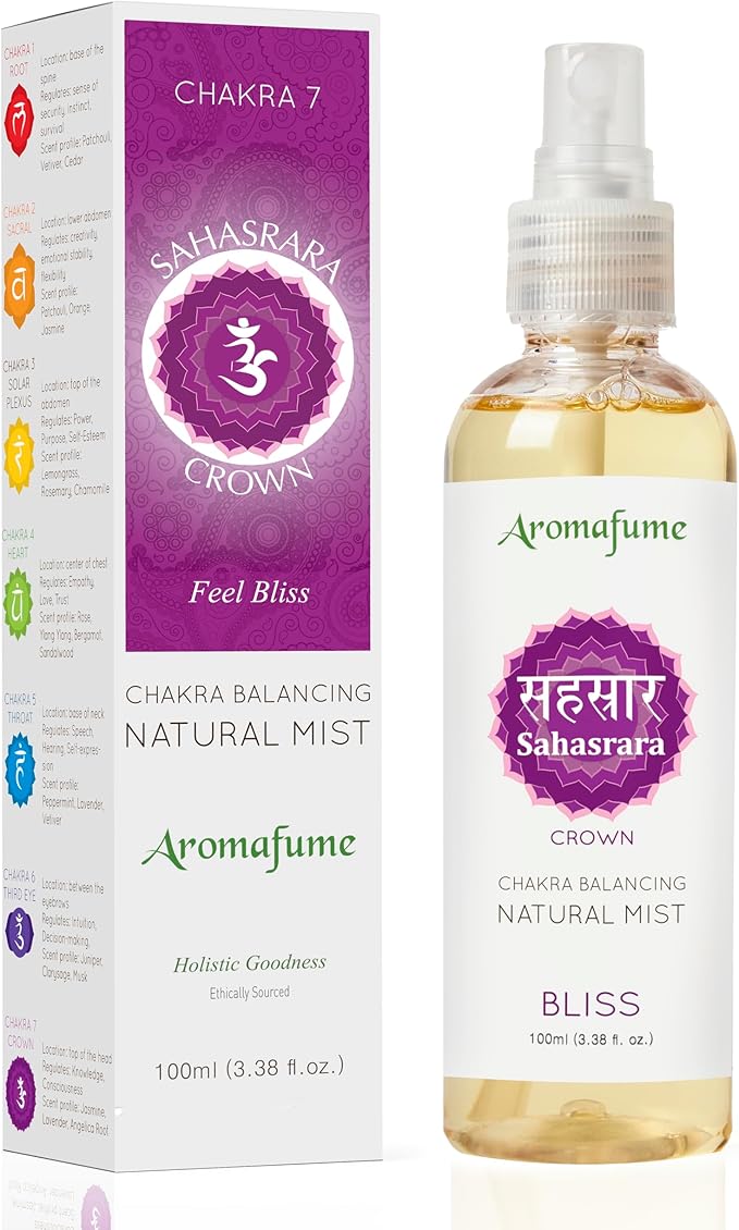 Crown Chakra Natural Mist by Aromafume | 100ml/3.3 fl oz | Sahasrara | Aromatherapy Spray for Chakra Balance | Lavender & Jasmine Extracts | Essential Oil Spray for Meditation, Yoga, Reiki