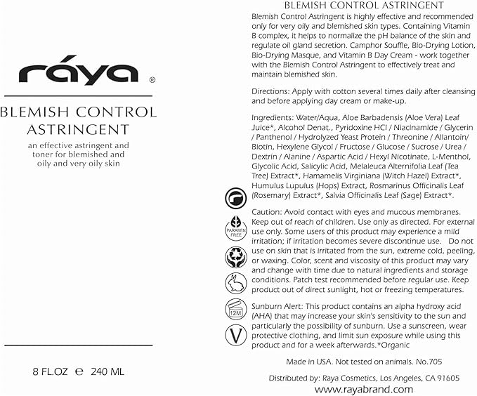 RAYA Blemish Control Astringent (705), Facial Toner for Very Oily and Break-Out Skin, with Vitamin B Complex to Balance pH and Helps Regulate Oil Production, Cruelty & Paraben Free - 8 fl oz