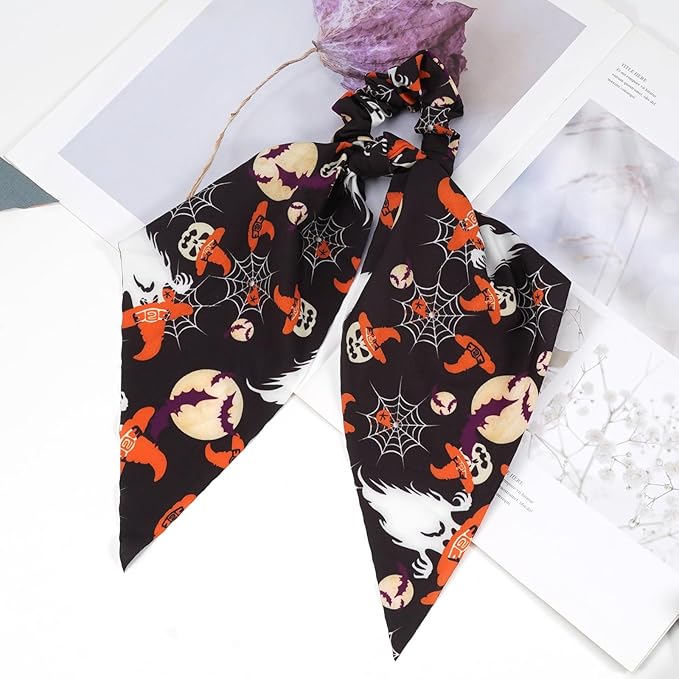Halloween Hair Ties for Women Girls Spooky Witch Hat Bat Pumpkin Hair Scrunchies Moon Hair Tie Ribbon Hair Bows Halloween Hair Accessories