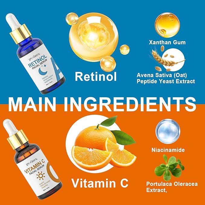 Vitamin C Serum with Hyaluronic Acid & Retinol Serum for Face - Day & Night Set to Brighten, Hydrate & Improve Skin Firmness for All Skin Types, Men & Women