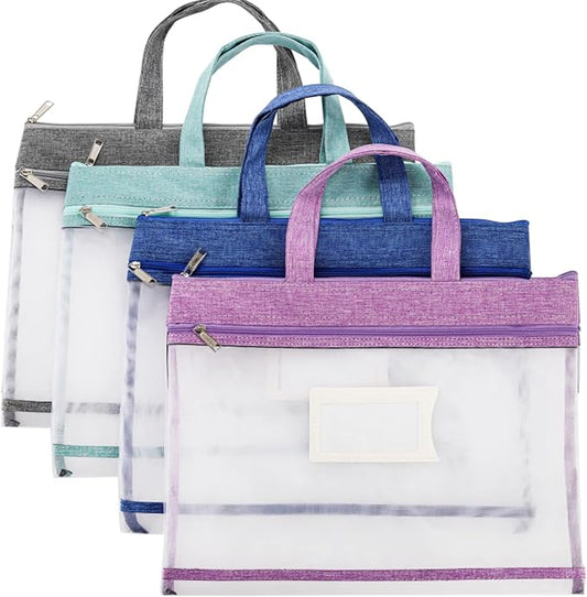 AVLA 4 Pack Student Book Pouches, A4 Mesh Zipper Bag with Handle, File Document Puzzle Bag with Name Card Pocket for Organizing Storage Board Games, School Office Appliances, Convenient to Carry