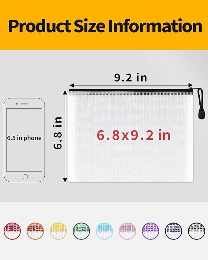 SUNEE Plastic Mesh Zipper Pouch 6.8x9.2 in (Black, 18 Packs),Extra Large Water-Resistant Zip Bag for School Office Supplies, Puzzles & Games Organizing Storage