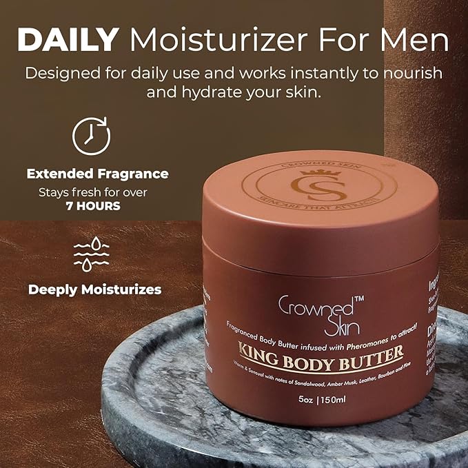 Crowned Skin King Cologned Body Butter | Warm and Sensual Scent | Blended with Sandalwood & Leather | Infused with Organic Shea & Mango Butters | Moisturizing Formula with All-Day Fragrance | 5oz