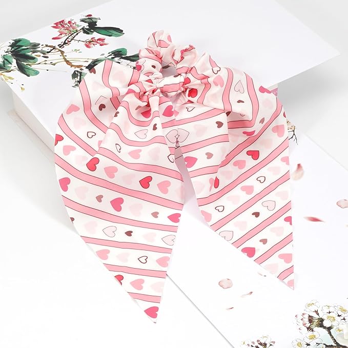 Valentine's Day Hair Ties Pink Heart Stripes Hair Scrunchies for Women Teen Girls Elastic Love Hair Tie Ribbon Valentine's Day Hair Bows Hair Accessories Gifts