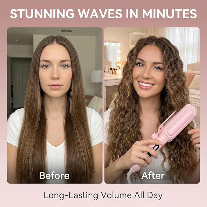 1&1.25 Inch Hair Crimper for Women - Curling Iron Waver Hair Tool to Adjustable Groove - Rizadora para Cabello - Anti-Scald Tech Hair Waver - Ionic Ceramic Coating for Long-Lasting,Fast Heating,Pink