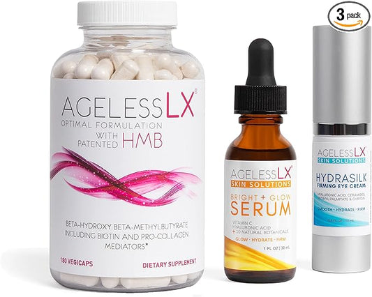 AgelessLX Supplement Capsule for Women with HMB + Hydrasilk Eye Cream 0.5 OZ + Bright Glow Face Serum 1 Fl OZ for Women Bundle