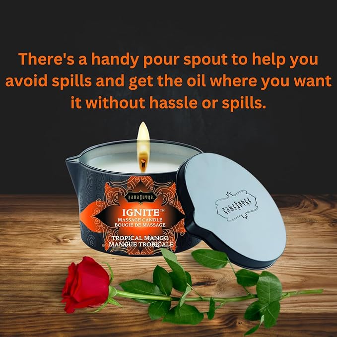 KAMA SUTRA Ignite Massage Candle with Coconut Oil and Soy Based Wax-Free Formula – Tropical Mango Scented, 6 oz/170 g