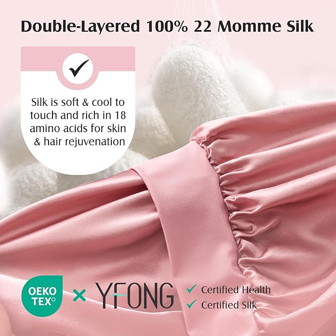 YFONG 100% 22 Momme Mulberry Silk Bonnet for Sleeping Women, Larger Double Layer Silk Hair Wrap for Curly Short Long Hair, Non-Slip Sleep Cap Turban with Elastic Tie Band for Hair Care, Pink