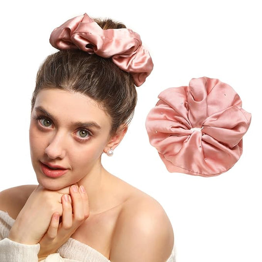 100% Mulberry Silk Scrunchies for Women Ponytail Holders – Plus Rhinestone-Embellished Design for Curly, No Damage Hair Ties for Curly, Thick, and Thin - Hair Accessories for Women(Champagne Pink)