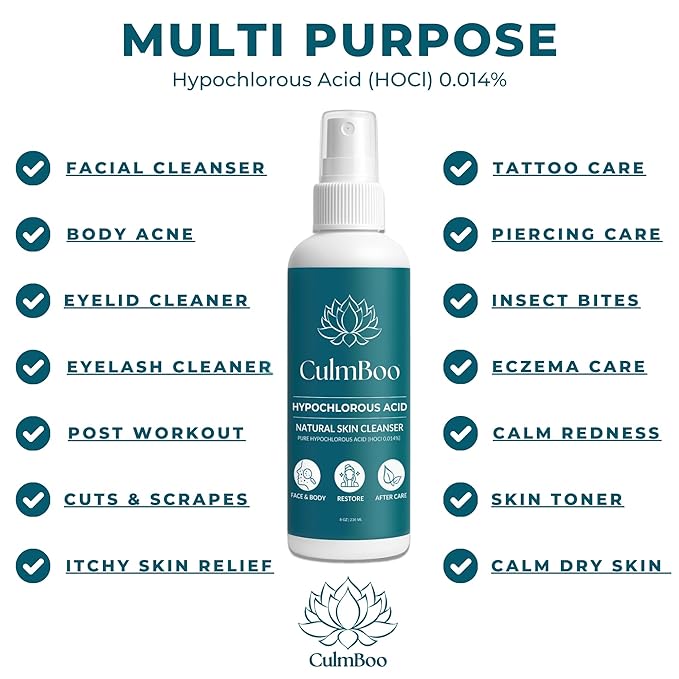 Hypochlorous Acid Spray for Face & Skin - HOCl, Acne Prone Skin, Eczema, Natural Tattoo Aftercare, Piercing Aftercare Spray, Eye Lash Cleanser, Face Mist Toner, Wound Care Cleanser, 8 Fl Oz - Aurabelle