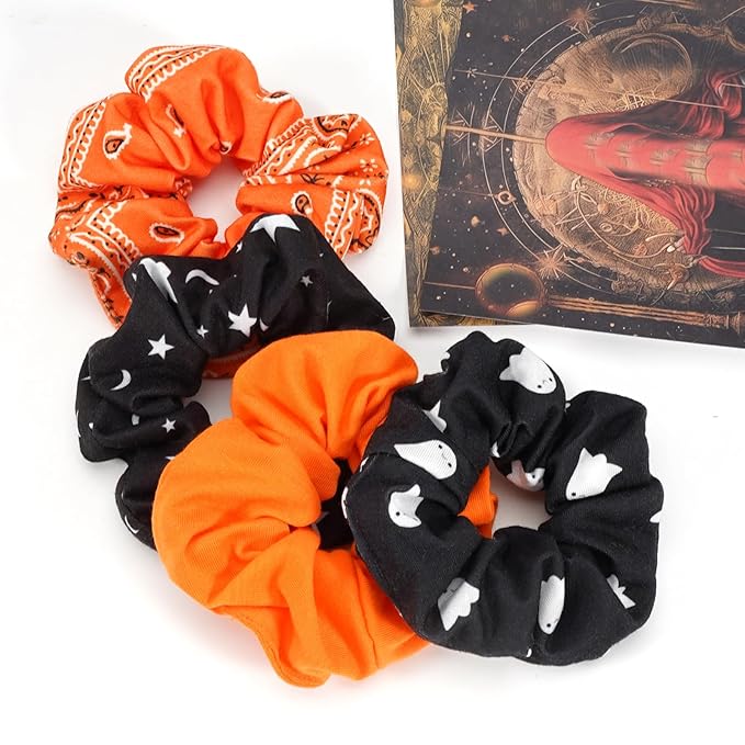 Halloween Hair Scrunchies Cute Ghosts Moon Star Hair Ties Fall Orange Bandana Scrunchy Elastics Hair Bands Gifts Ponytail Holder Hair Accessories for Women Girls