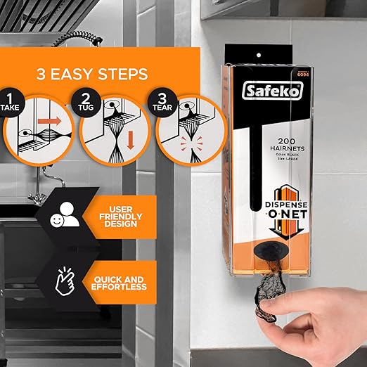 Dispense-O-Net Hairnet Dispenser & Wall Mount | Black Hairnets + Wall Mount | Lightweight Nylon Hairnets | Latex-Free