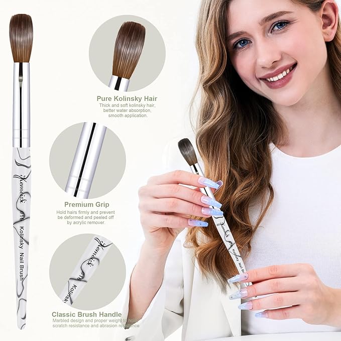 Acrylic Nail Brush Size 16,KEMEISI 100% Pure Kolinsky Nail Art Brushes Sturdy Marble Handle Oval Shaped Acrylic Powder Nail Design Tools for Professional Manicure DIY Home Salon (White)