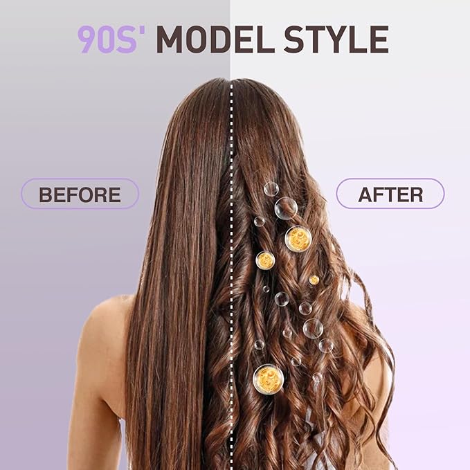 1.5 Inch Thermal Brush Blowout with 5 Temp Settings, Universal Voltage Hair Curling Iron, Ceramic Ionic Thermal Round Curling Brush Suitable for Medium and Long Hair, Purple