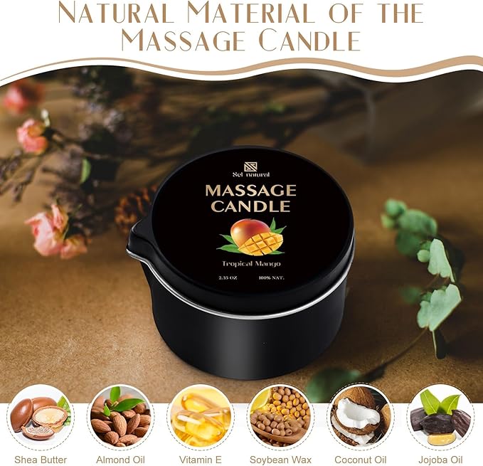 3 Pack Massage Oil Candles 2.35oz Low Temp Massage Candle Wax 3 Scent Spa Therapy Body Oil Valentines Gifts for Relaxation, Couples, or Self-Care (Sweet Peach, Passion Raspberry, Tropical Mango)