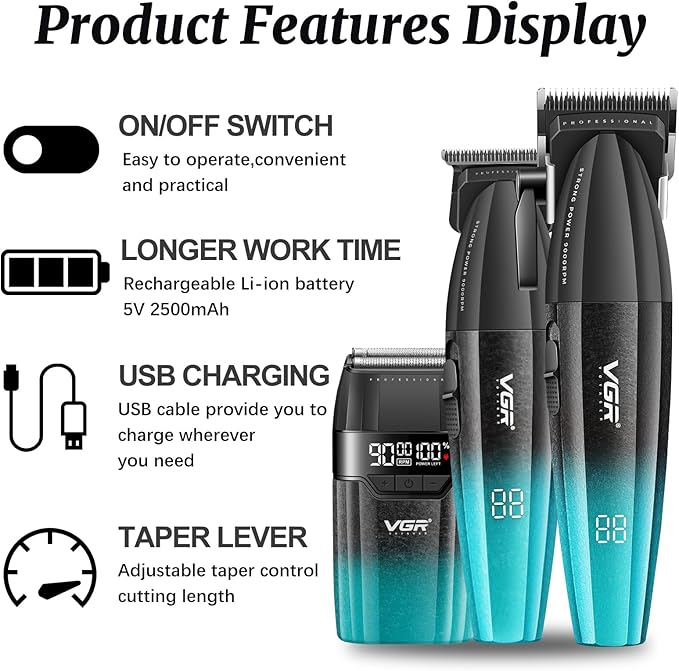 VGR 640S3 Professional 3 in 1 Hair Cutting Kit, 9000RPM Hair Clippers for Men Professional Hair Trimmer & Foil Shavers Set, Cordless Mens Barber Combo for Home, for Him(Green)