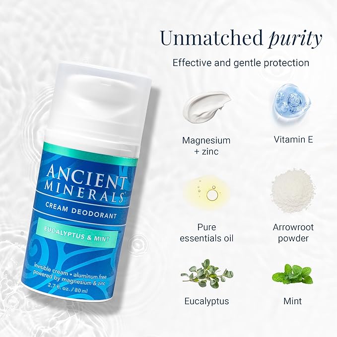 Ancient Minerals Natural Deodorant Cream – Eucalyptus & Mint Scent, Aluminum-Free, Vegan Deodorant for Women and Men with Magnesium, Zinc & Vitamin E, for Sensitive Skin, 2 oz