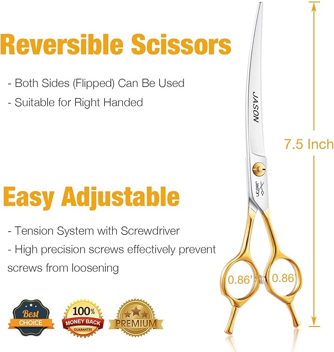 JASON 7.5" Curved Dog Grooming Scissors, Cats Grooming Shears Pets Trimming Kit for Right Handed Groomers, Sharp, Comfortable Shear