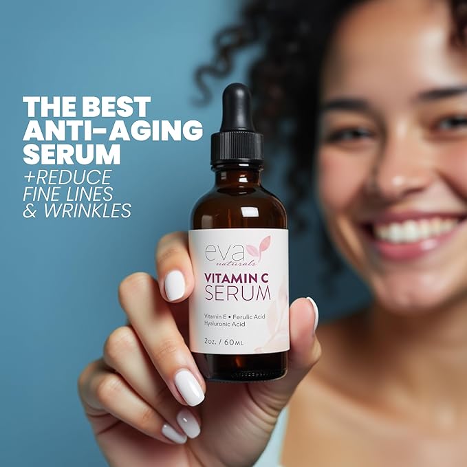 Eva Naturals Vitamin C Serum for Face - 20% Vit C with Hyaluronic Acid, Ferulic Acid & Vitamin E - Facial Serum for Dark Spots, Acne, Anti Aging, Glow & Even Skin Tone, 2 Fl Oz