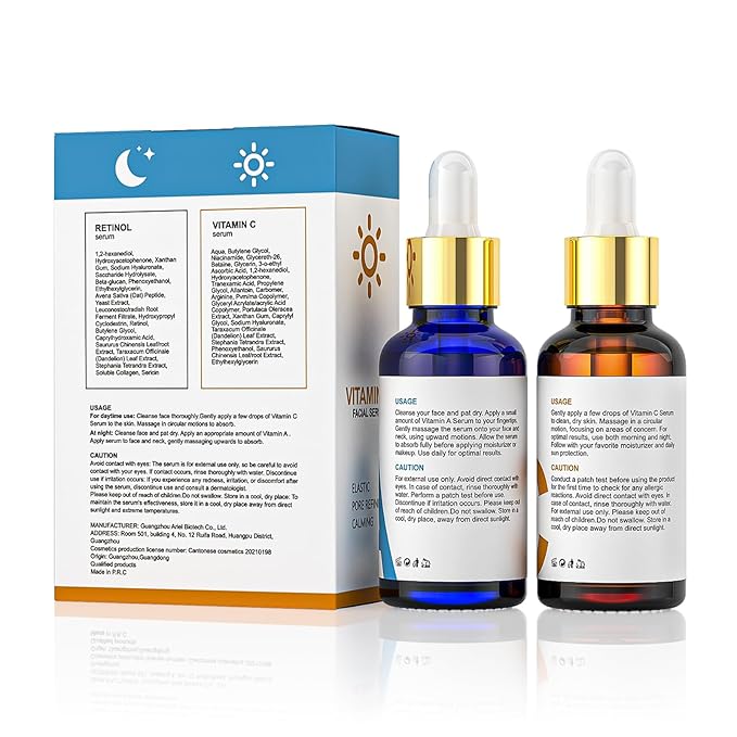 Vitamin C Serum with Hyaluronic Acid & Retinol Serum for Face - Day & Night Set to Brighten, Hydrate & Improve Skin Firmness for All Skin Types, Men & Women