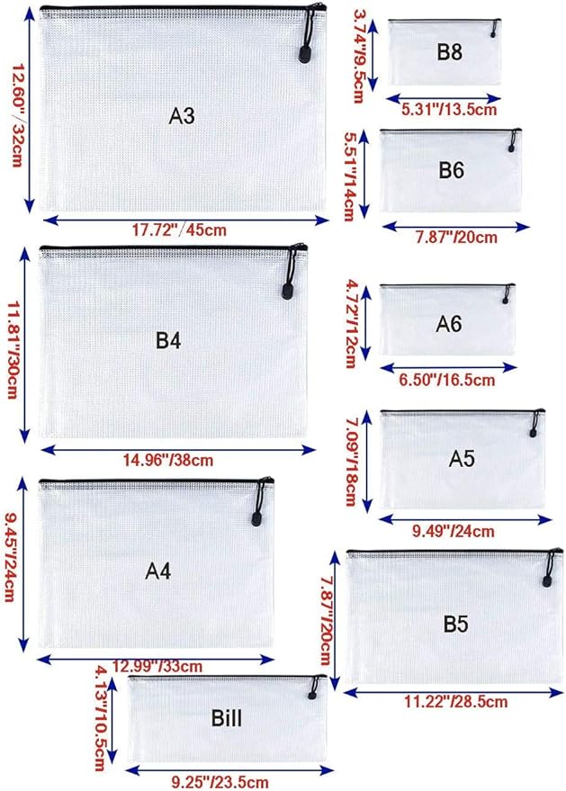 Oaimyy-B5(8"x 11",12 Pcs) Plastic Mesh Zipper Pouch Document Folders Bag & Zip File Folders for School Office Supplies, Travel,Puzzles Games Organizing Storage-Black