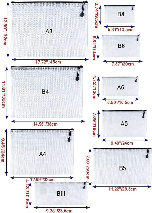 Oaimyy-B4(11.5"x 15",12 Pcs),Plastic Mesh Zipper Pouch Document Folders Bag & Zipper-Waterproof Zip File Folders for School Office Supplies, Travel,Puzzles Games Organizing Storage-Black