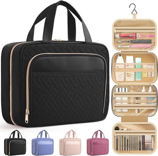 HOTOR Travel Toiletry Bag for Women & Men, Waterproof Makeup Bag with Hanging Hook and Multiple Pockets, Cosmetic Bags for Women, Travel Essentials, 12.6'' x 4.3'' x 9.9'', Black