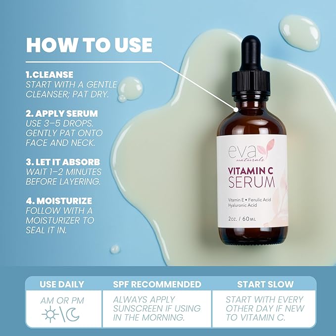 Eva Naturals Vitamin C Serum for Face - 20% Vit C with Hyaluronic Acid, Ferulic Acid & Vitamin E - Facial Serum for Dark Spots, Acne, Anti Aging, Glow & Even Skin Tone, 2 Fl Oz