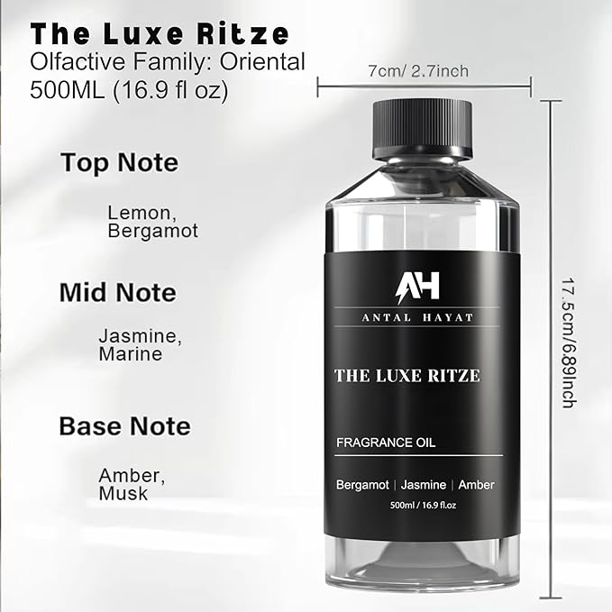 Hotel Diffuser Oil Inspired by The Ritz Carlton Hotel 500ml - Diffuser Oil Blends for Aromatherapy - Notes of Bergamot, Jasmine & Amber - Premium Fragrance Oil for Ultrasonic and Waterless Diffusers