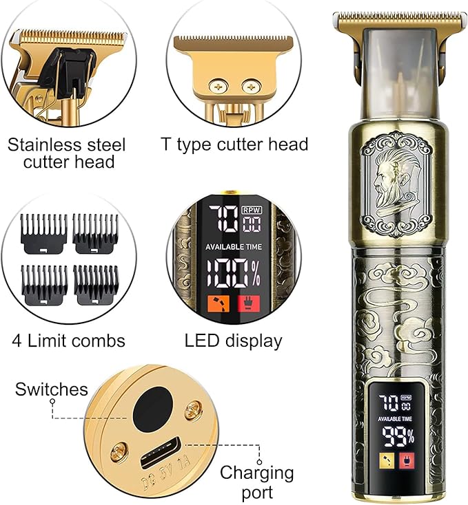 Hair Clippers for Men - Cordless T-Blade Trimmer - Professional Haircut & Grooming Kit - Rechargeable - LCD Display (Figure-03)