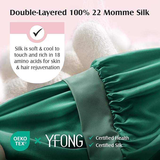 YFONG 100% 22 Momme Mulberry Silk Bonnet for Sleeping Women, Larger Double Layer Silk Hair Wrap for Curly Short Long Hair, Non-Slip Sleep Cap Turban with Elastic Tie Band for Hair Care, Green