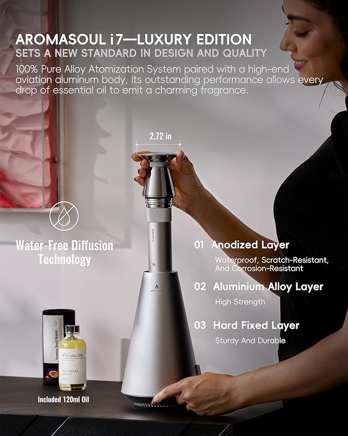 Waterless Scent Diffuser Starter Kit - 1500 Sq Ft Coverage, Alloy Atomization System,Mood Light,Smart Rechargeable Hotel Scent Diffuser, Including 120ml Essential Oil, for Home,Large Room,Spa,Silver