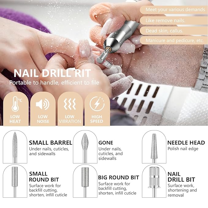 Professional Nail Drill Electric File, GEEZO 55000RPM Portable Cordless Nail Drill Machine with Bits, Rechargeable E File for Acrylic & Gel Nails, Manicure & Pedicure Tech Tool for Home Salon (White)